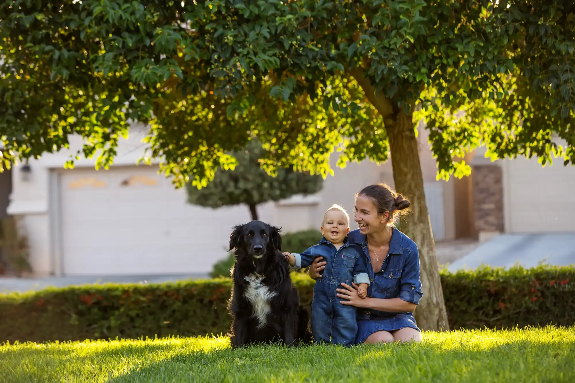 A mother and her smiling toddler pose next to a calm black dog on a sunny residential lawn.